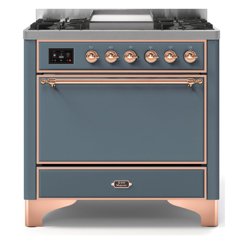 ILVE Majestic II 36" Dual Fuel Range 6 Sealed Burners, Solid Door, Blue Grey, Copper Knobs-LP