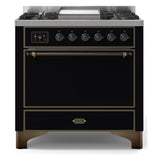 ILVE Majestic II 36" Dual Fuel Range 6 Sealed Burners, Solid Door, Glossy Black, Burnished Knobs-LP