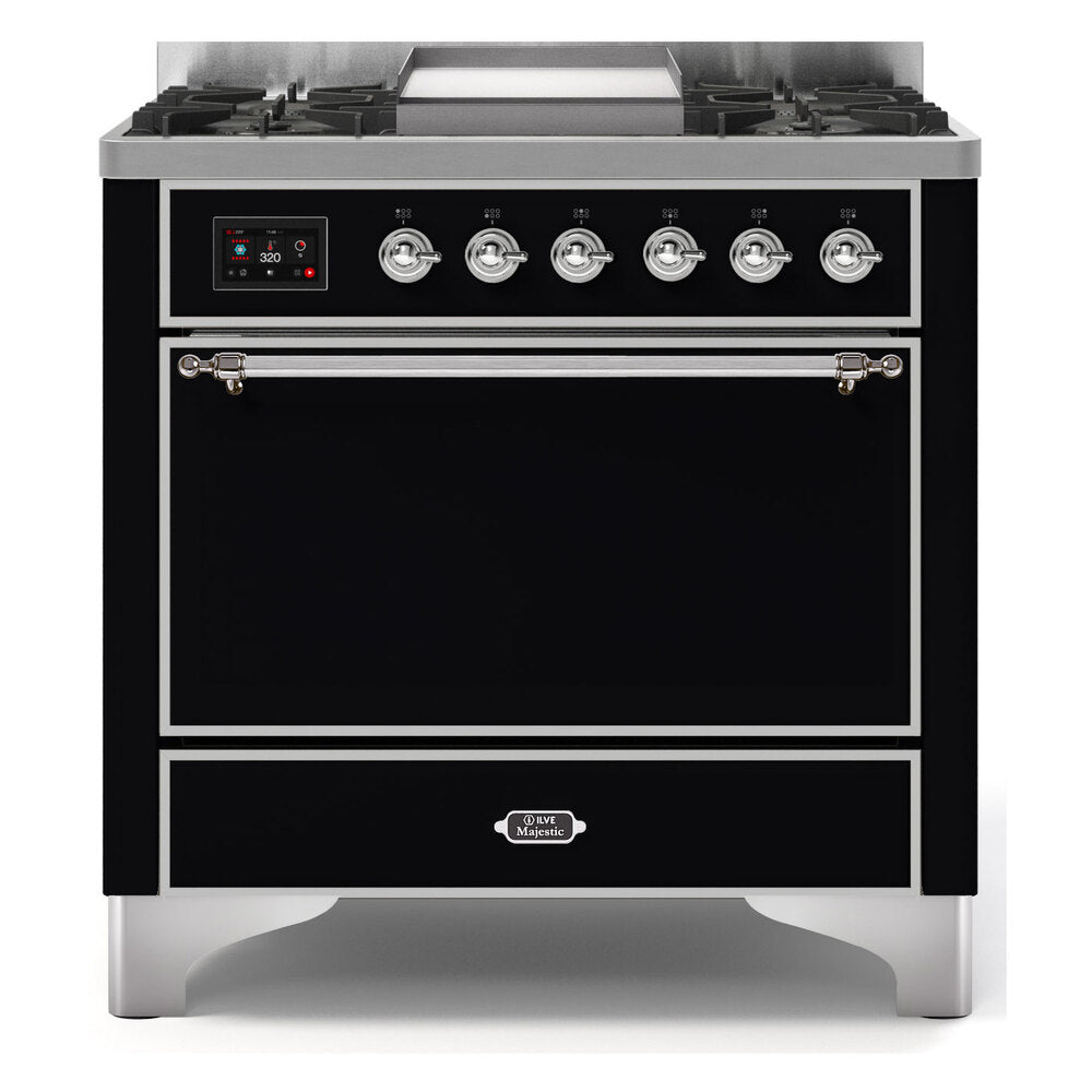 ILVE Majestic II 36" Dual Fuel Range 6 Sealed Burners, Solid Door, Glossy Black, Chrome Knobs-Natural Gas