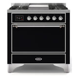 ILVE Majestic II 36" Dual Fuel Range 6 Sealed Burners, Solid Door, Glossy Black, Chrome Knobs-LP