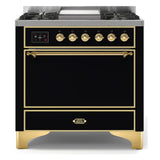 ILVE Majestic II 36" Dual Fuel Range 6 Sealed Burners, Solid Door, Glossy Black, Brass Knobs-LP