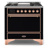 ILVE Majestic II 36" Dual Fuel Range 6 Sealed Burners, Solid Door, Glossy Black, Copper Knobs-LP