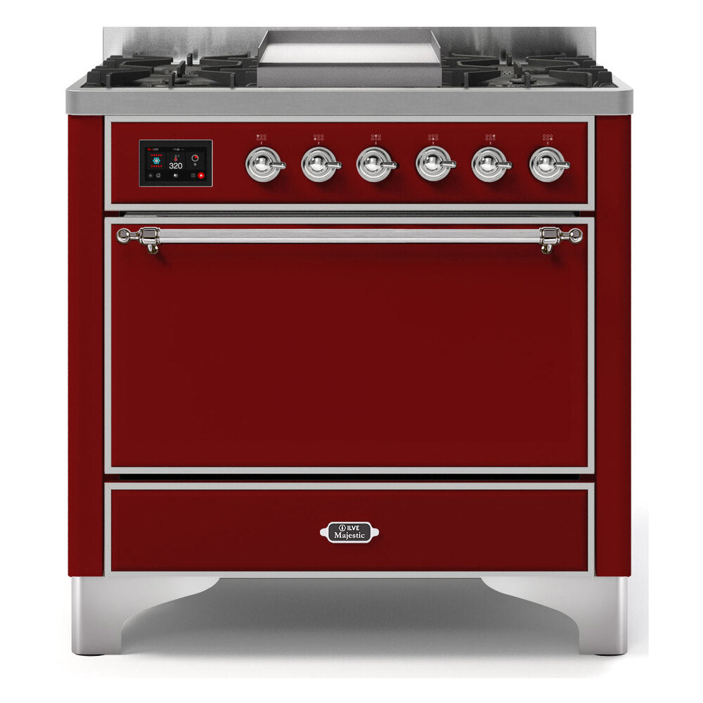 ILVE Majestic II 36" Dual Fuel Range 6 Sealed Burners, Solid Door, Burgundy, Chrome Knobs-LP