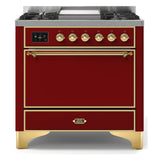 ILVE Majestic II 36" Dual Fuel Range 6 Sealed Burners, Solid Door, Burgundy, Brass Knobs-LP