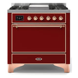 ILVE Majestic II 36" Dual Fuel Range 6 Sealed Burners, Solid Door, Burgundy, Copper Knobs-LP