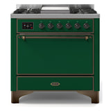ILVE Majestic II 36" Dual Fuel Range 6 Sealed Burners, Solid Door, Emerald Green, Burnished Knobs-Natural Gas