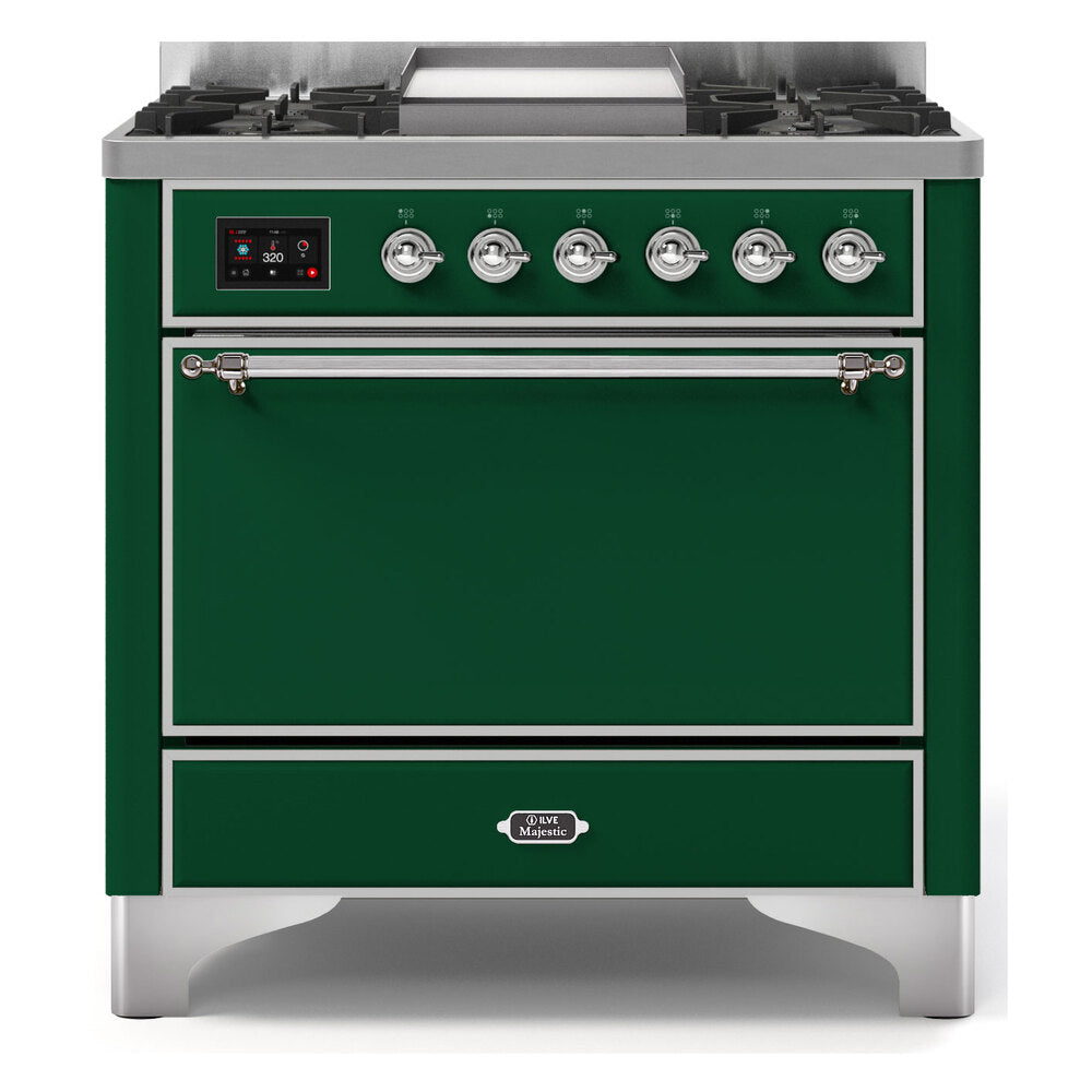 ILVE Majestic II 36" Dual Fuel Range 6 Sealed Burners, Solid Door, Emerald Green, Chrome Knobs-LP