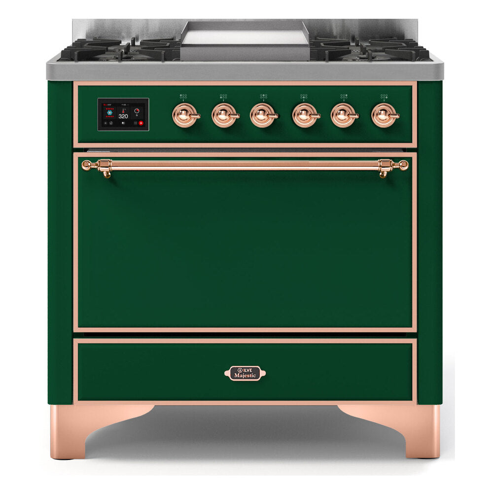 ILVE Majestic II 36" Dual Fuel Range 6 Sealed Burners, Solid Door, Emerald Green, Copper Knobs-Natural Gas