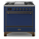 ILVE Majestic II 36" Dual Fuel Range 6 Sealed Burners, Solid Door, Midnight Blue, Burnished Knobs-Natural Gas