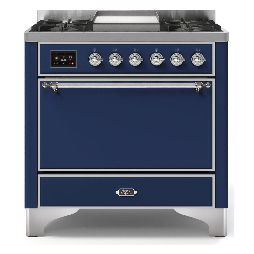 ILVE Majestic II 36" Dual Fuel Range 6 Sealed Burners, Solid Door, Midnight Blue, Chrome Knobs-Natural Gas
