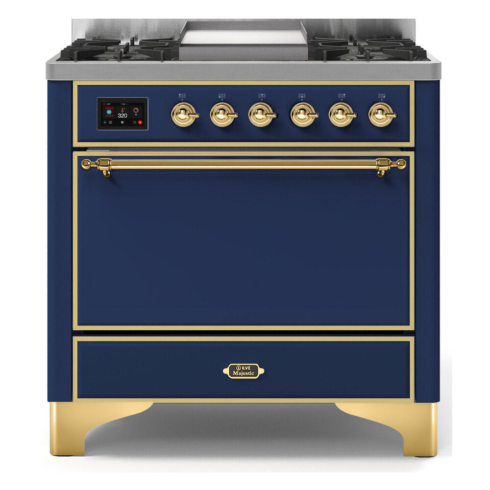 ILVE Majestic II 36" Dual Fuel Range 6 Sealed Burners, Solid Door, Midnight Blue, Brass Knobs-LP