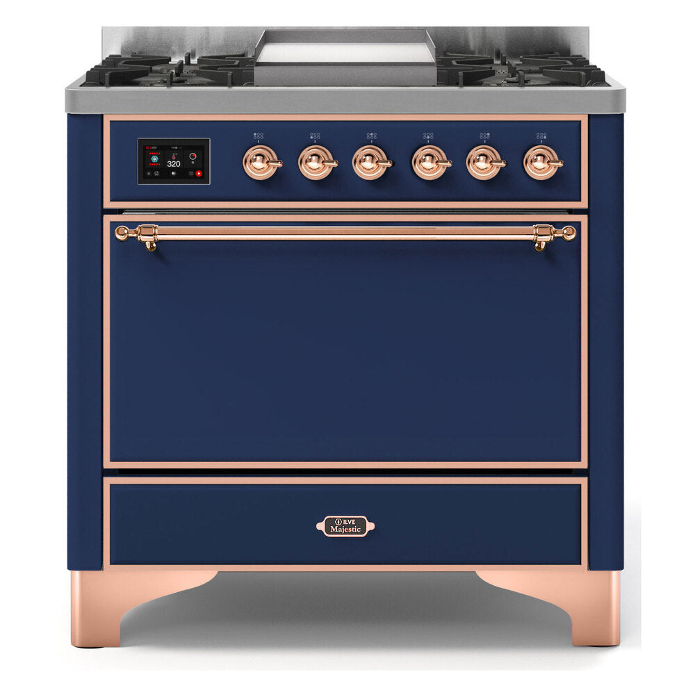 ILVE Majestic II 36" Dual Fuel Range 6 Sealed Burners, Solid Door, Midnight Blue, Copper Knobs-Natural Gas