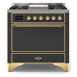 ILVE Majestic II 36" Dual Fuel Range 6 Sealed Burners, solid Door, Graphite Matte, Brass Knobs-LP