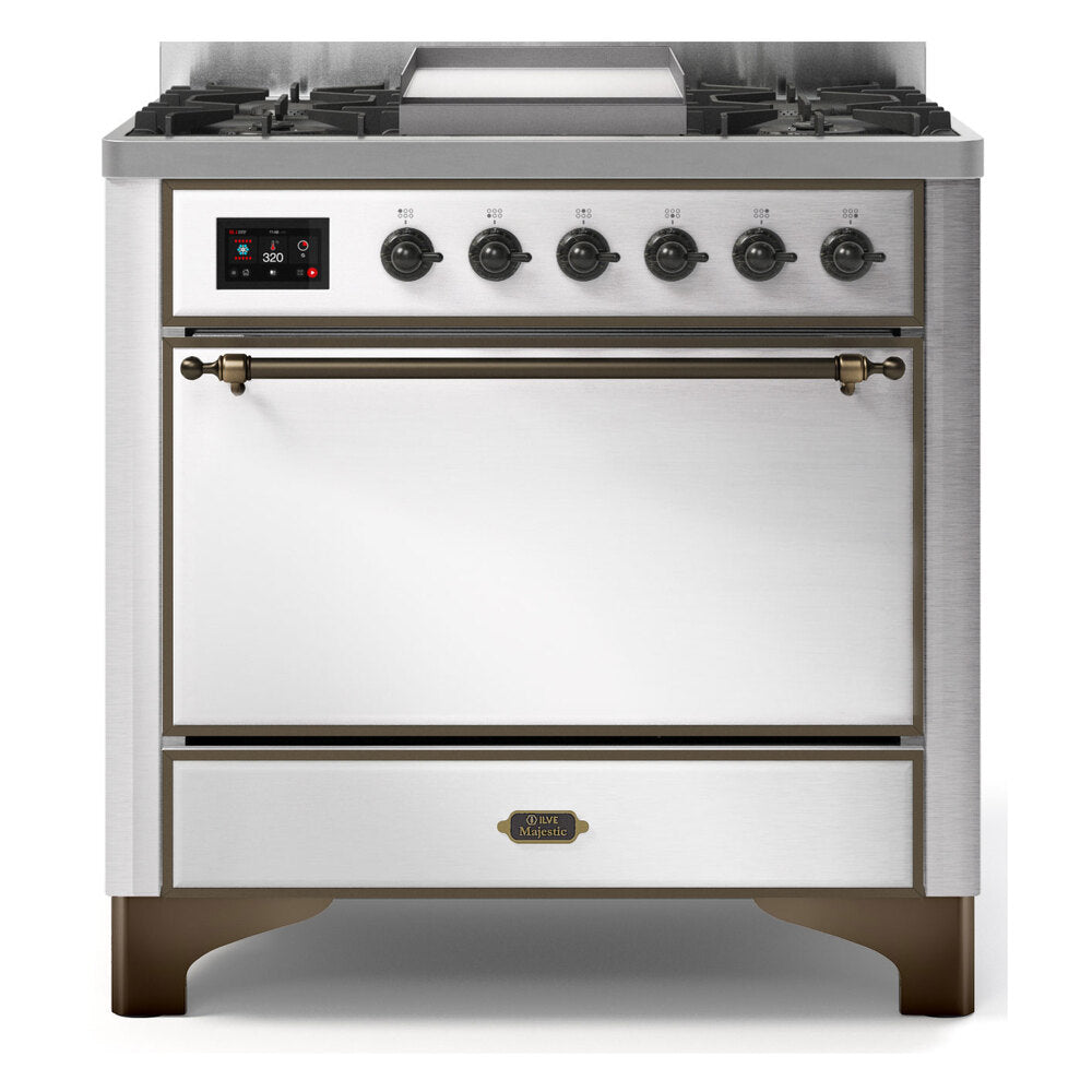 ILVE Majestic II 36" Dual Fuel Range 6 Sealed Burners, Solid Door, Stainless Steel, Burnished Knobs-Natural Gas