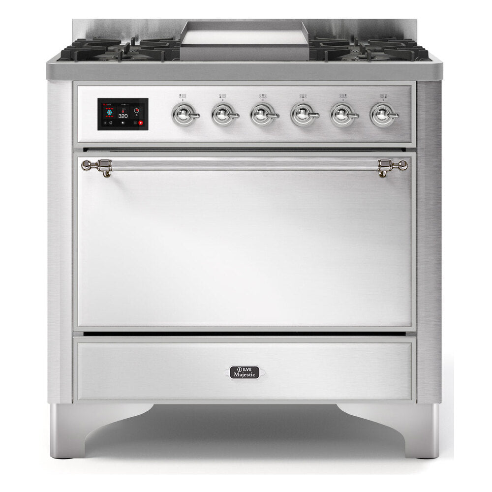 ILVE Majestic II 36" Dual Fuel Range 6 Sealed Burners, Solid Door, Stainless Steel, Chrome Knobs-LP