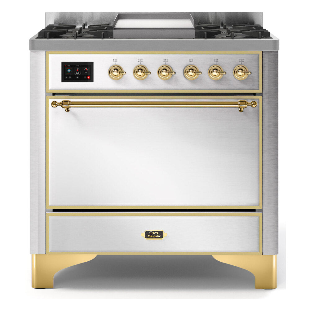ILVE Majestic II 36" Dual Fuel Range 6 Sealed Burners, Solid Door, Stainless Steel, Brass Knobs-LP
