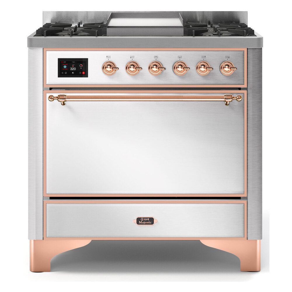 ILVE Majestic II 36" Dual Fuel Range 6 Sealed Burners, Solid Door, Stainless Steel, Copper Knobs-Natural Gas