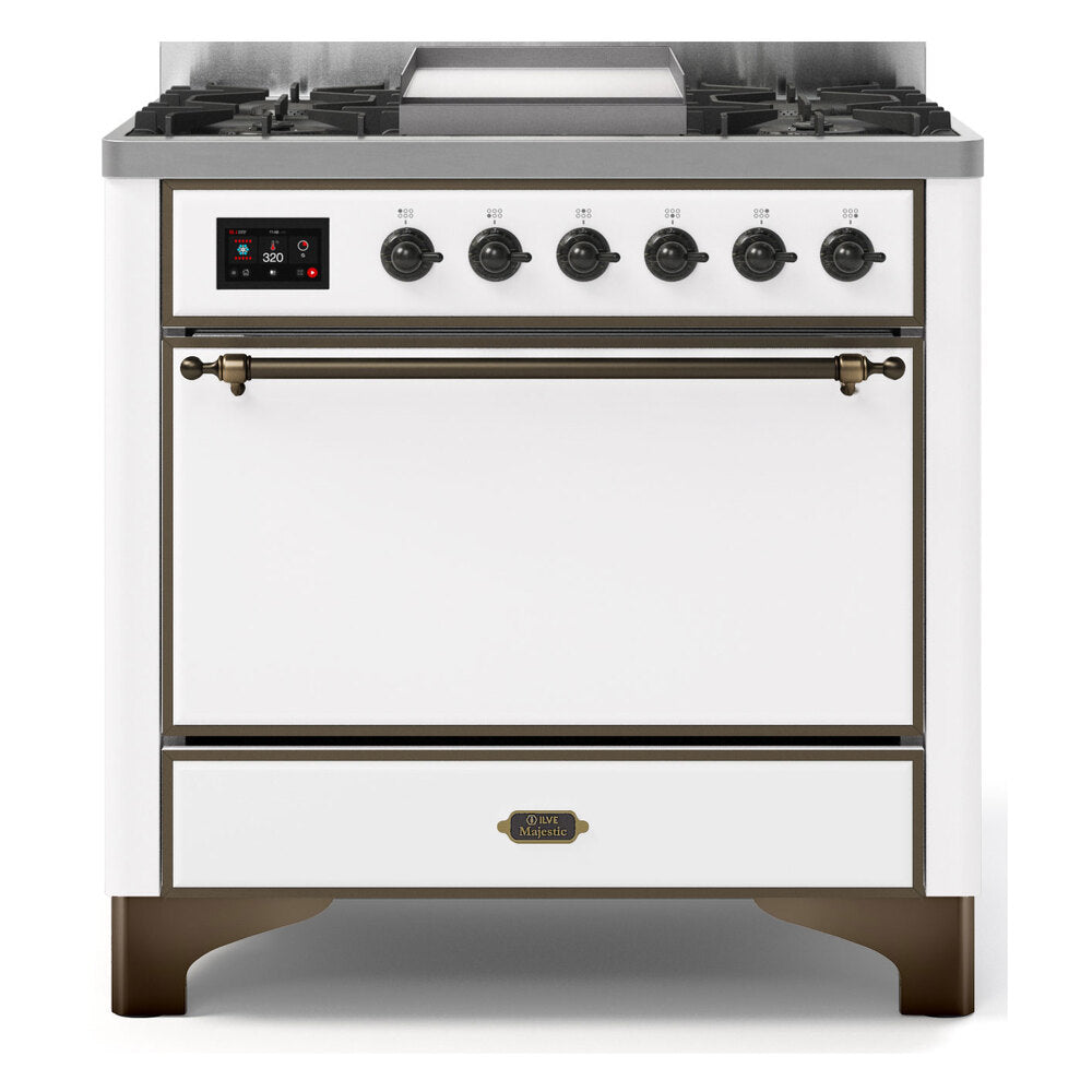 ILVE Majestic II 36" Dual Fuel Range 6 Sealed Burners, Solid Door, White, Burnished Knobs-LP