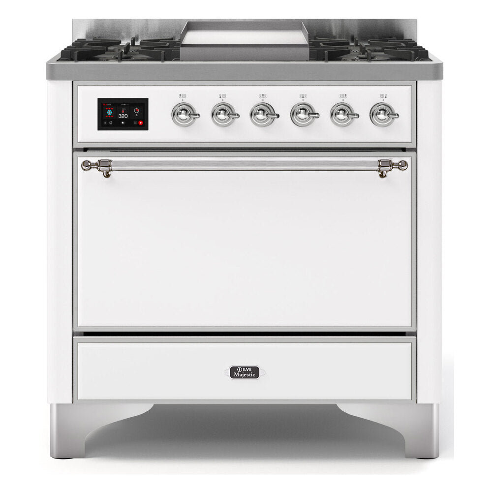 ILVE Majestic II 36" Dual Fuel Range 6 Sealed Burners, Solid Door, White, Chrome Knobs-LP