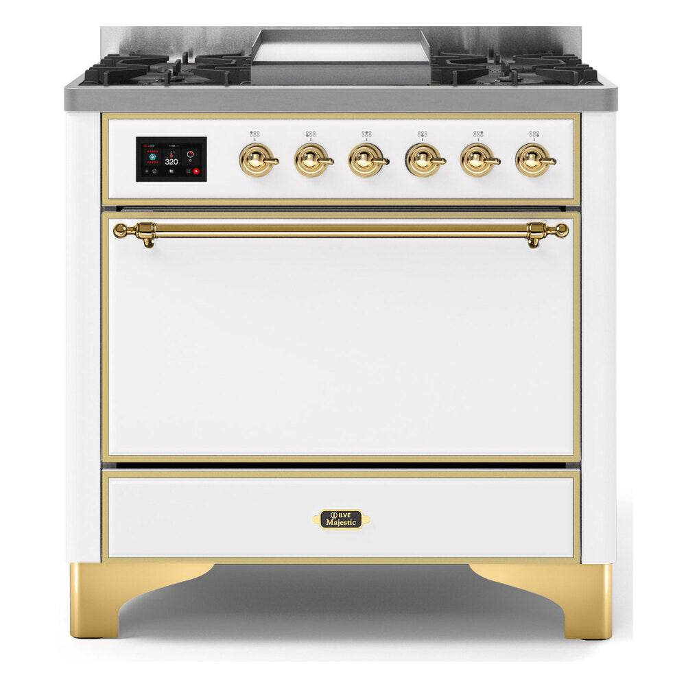 ILVE Majestic II 36" Dual Fuel Range 6 Sealed Burners, Solid Door, White, Brass Knobs-Natural Gas