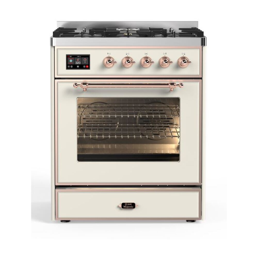 ILVE Majestic II 30” Dual Fuel Range 5 Sealed Burners, Triple Glass Door, Antique White, Burnished Knobs-LP