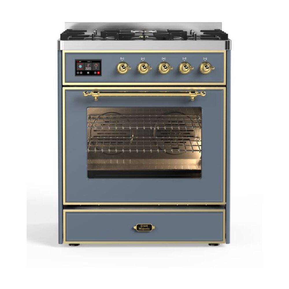 ILVE Majestic II 30” Dual Fuel Range 5 Sealed Burners, Triple Glass Door, Blue Grey, Brass Knobs-LP