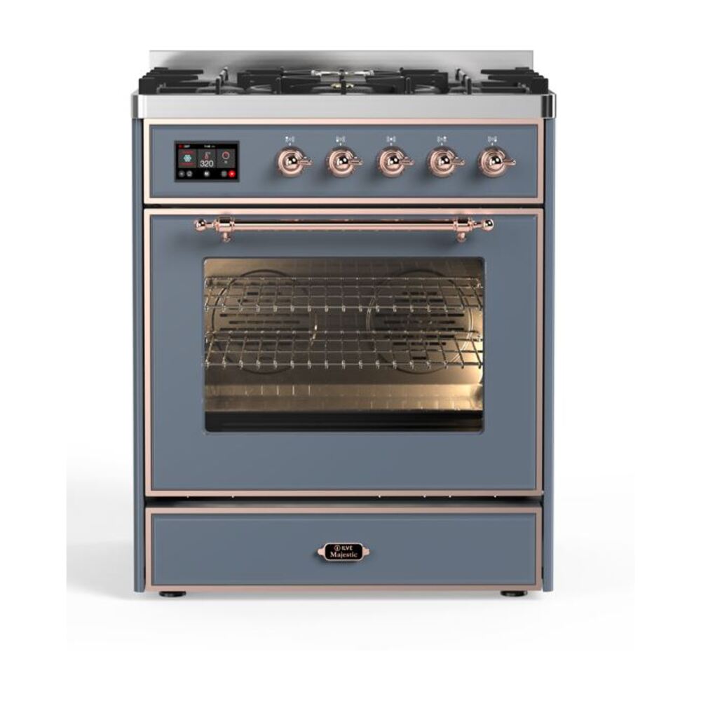 ILVE Majestic II 30” Dual Fuel Range 5 Sealed Burners, Triple Glass Door, Blue Grey, Copper Knobs-LP