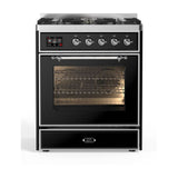 ILVE Majestic II 30" Dual Fuel Range 5 Sealed Burners, Triple Glass Door, Glossy Black, Chrome Knobs-Natural Gas
