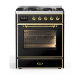 ILVE Majestic II 30” Dual Fuel Range 5 Sealed Burners, Triple Glass Door, Glossy Black, Brass Knobs-LP