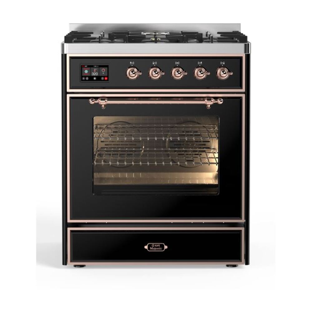 ILVE Majestic II 30" Dual Fuel Range 5 Sealed Burners, Triple Glass Door, Glossy Black, Copper Knobs-Natural Gas