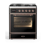 ILVE Majestic II 30” Dual Fuel Range 5 Sealed Burners, Triple Glass Door, Glossy Black, Copper Knobs-LP