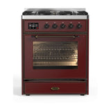 ILVE Majestic II 30” Dual Fuel Range 5 Sealed Burners, Triple Glass Door, Burgundy, Burnished Knobs-LP