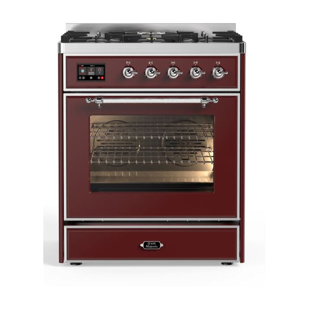 ILVE Majestic II 30" Dual Fuel Range 5 Sealed Burners, Triple Glass Door, Burgundy, Chrome Knobs-Natural Gas