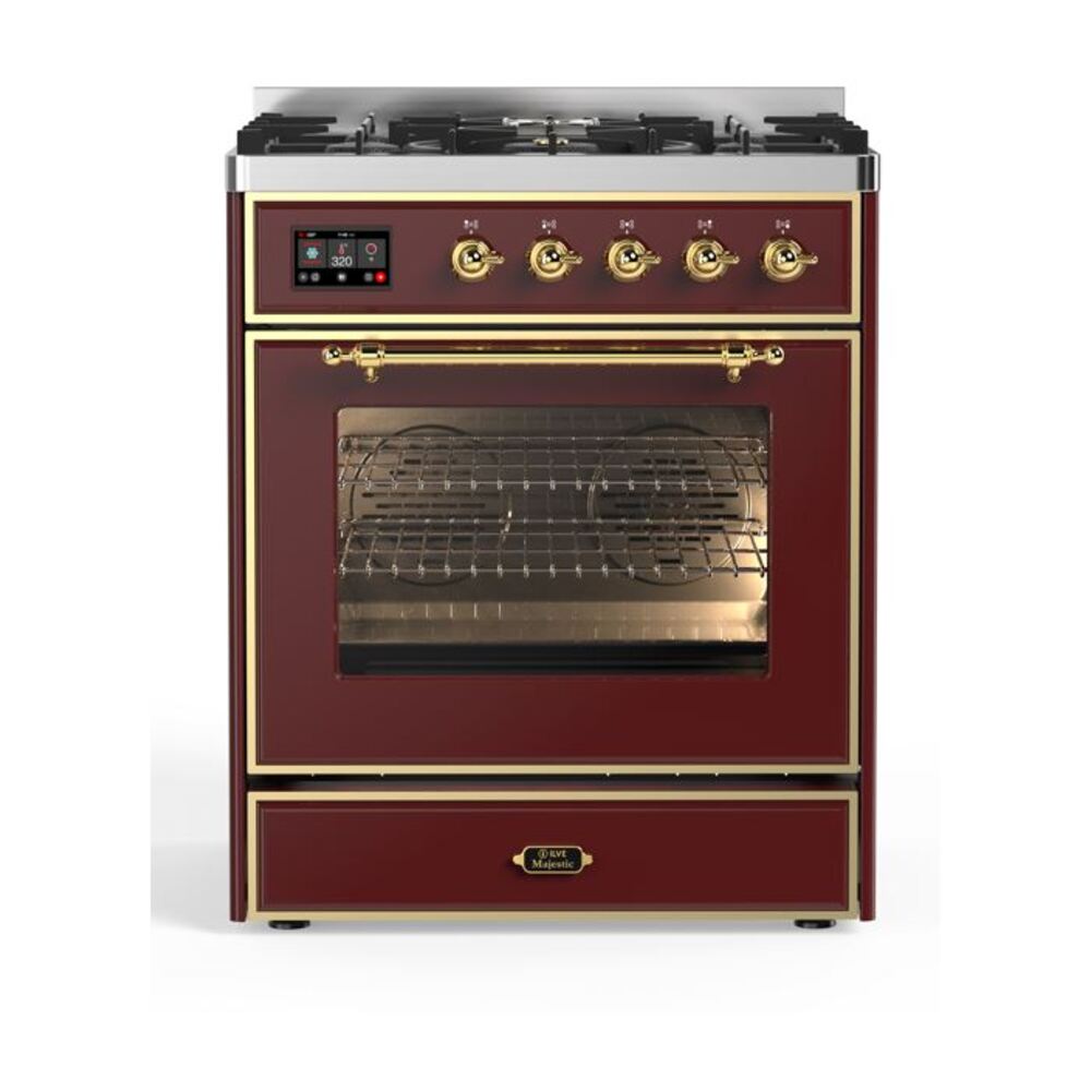 ILVE Majestic II 30” Dual Fuel Range 5 Sealed Burners, Triple Glass Door, Burgundy, Brass Knobs-LP