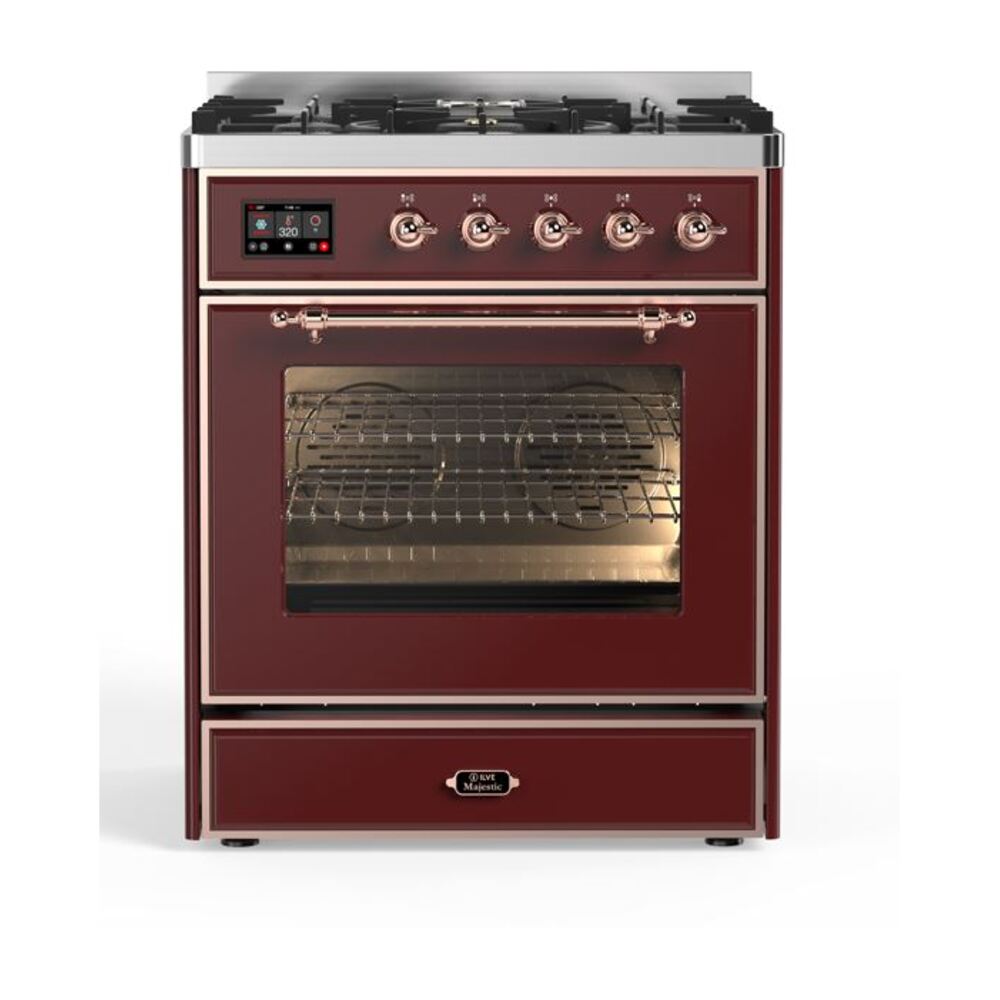ILVE Majestic II 30" Dual Fuel Range 5 Sealed Burners, Triple Glass Door, Burgundy, Copper Knobs-Natural Gas