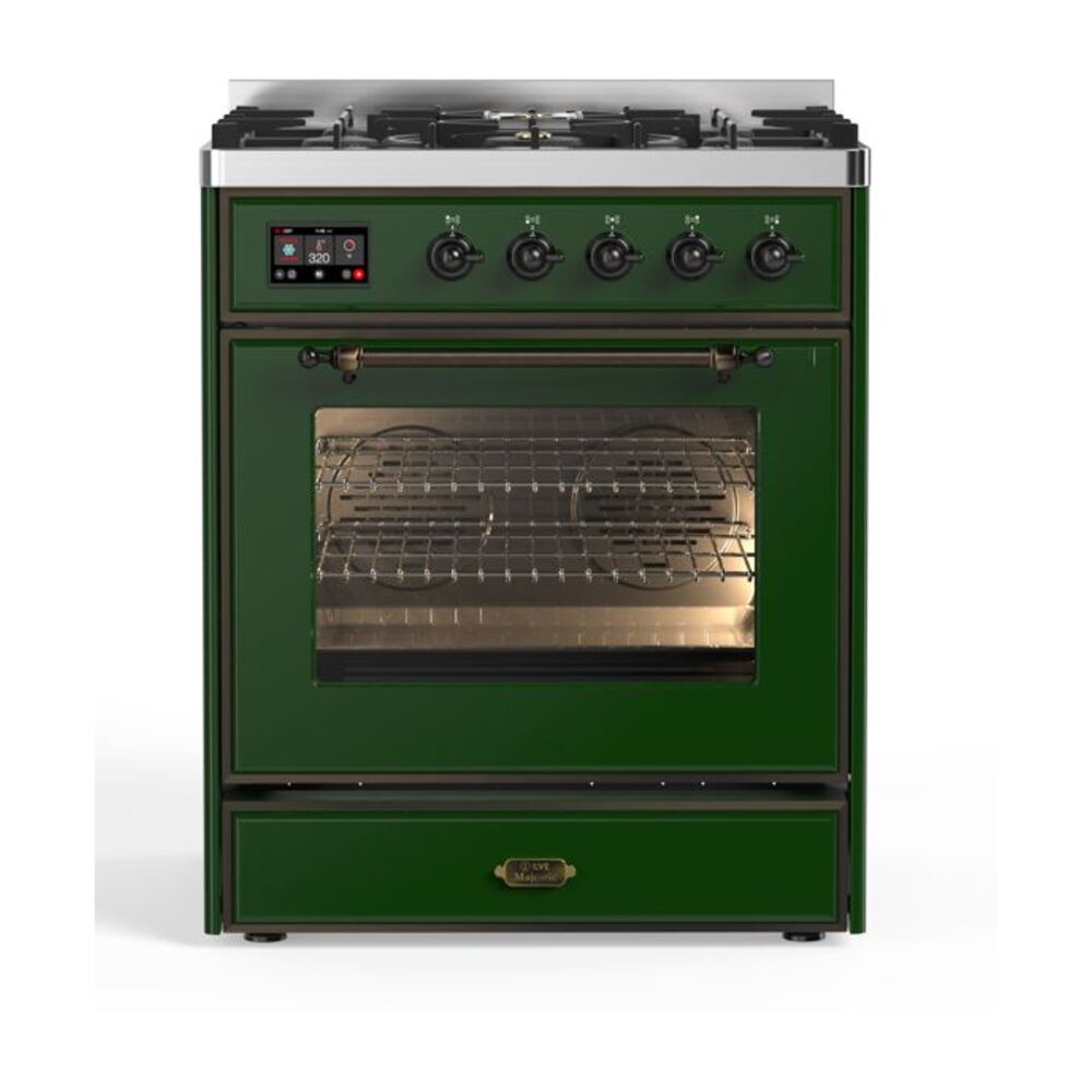 ILVE Majestic II 30” Dual Fuel Range 5 Sealed Burners, Triple Glass Door, Emerald Green, Burnished Knobs-LP