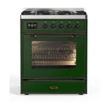 ILVE Majestic II 30" Dual Fuel Range 5 Sealed Burners, Triple Glass Door, Emerald Green, Burnished Knobs-Natural Gas