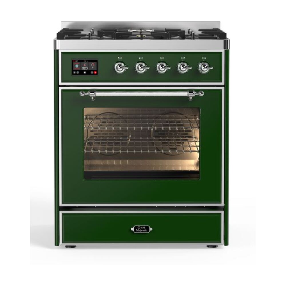 ILVE Majestic II 30" Dual Fuel Range 5 Sealed Burners, Triple Glass Door, Emerald Green, Chrome Knobs-Natural Gas