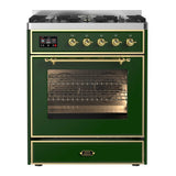 ILVE Majestic II 30” Dual Fuel Range 5 Sealed Burners, Triple Glass Door, Emerald Green, Brass Knobs-LP