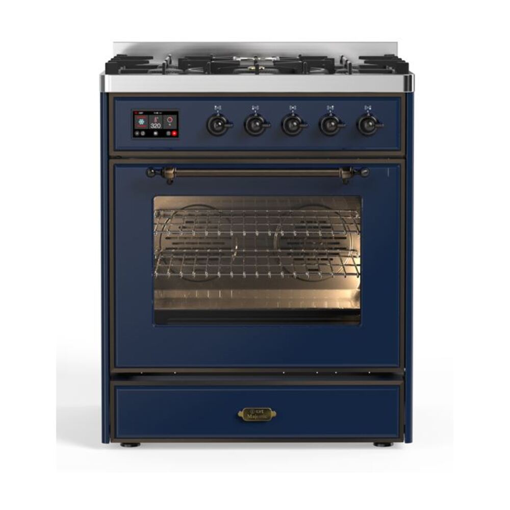 ILVE Majestic II 30” Dual Fuel Range 5 Sealed Burners, Triple Glass Door, Midnight Blue Burnished Knobs-LP