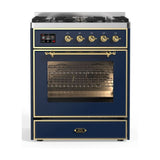 ILVE Majestic II 30” Dual Fuel Range 5 Sealed Burners, Triple Glass Door, Midnight Blue, Brass Knobs-LP