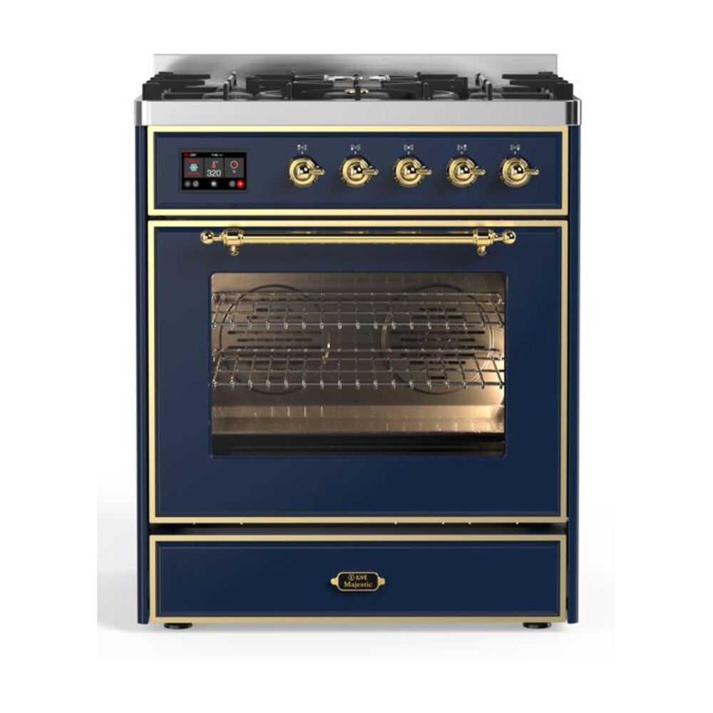ILVE Majestic II 30" Dual Fuel Range 5 Sealed Burners, Triple Glass Door, Midnight Blue, Brass Knobs-Natural Gas