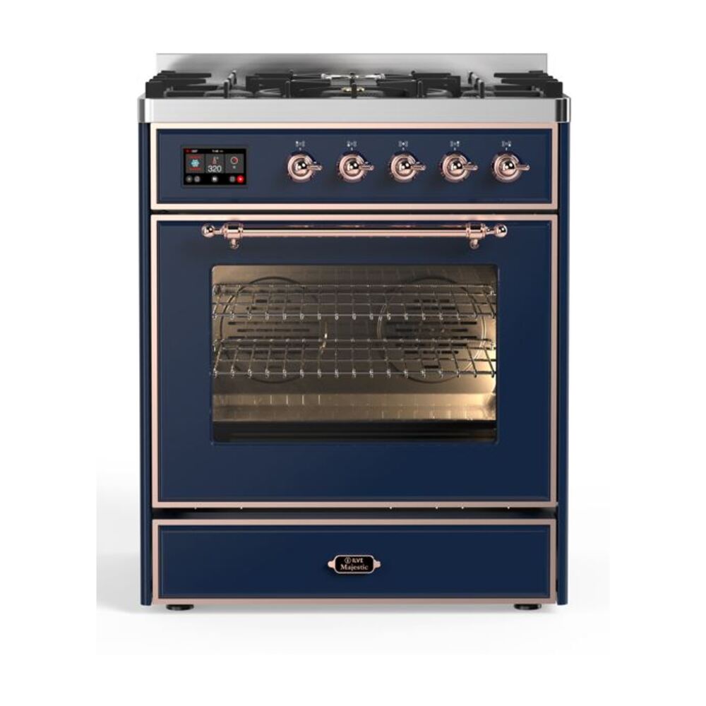 ILVE Majestic II 30” Dual Fuel Range 5 Sealed Burners, Triple Glass Door, Midnight Blue, Copper Knobs-LP