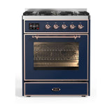 ILVE Majestic II 30” Dual Fuel Range 5 Sealed Burners, Triple Glass Door, Midnight Blue, Copper Knobs-LP