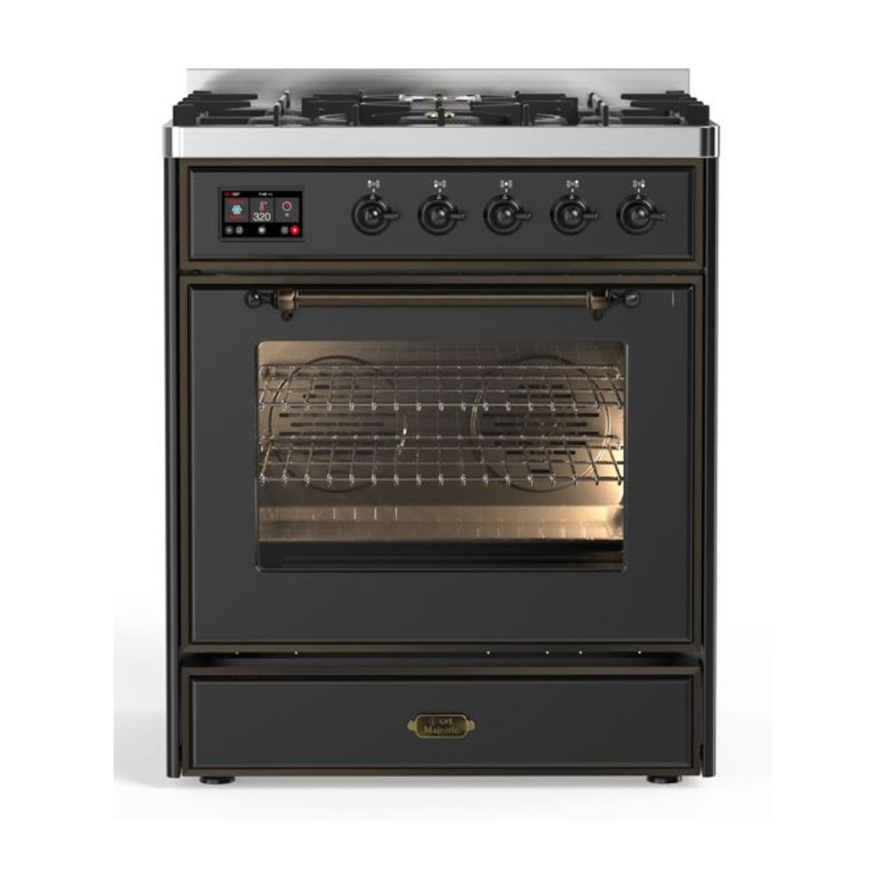 ILVE Majestic II 30" Dual Fuel Range 5 Sealed Burners, Triple Glass Door, Graphite Matte, Burnished Knobs-Natural Gas