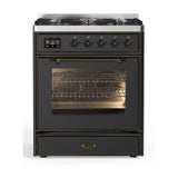 ILVE Majestic II 30" Dual Fuel Range 5 Sealed Burners, Triple Glass Door, Graphite Matte, Burnished Knobs-Natural Gas