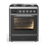 ILVE Majestic II 30” Dual Fuel Range 5 Sealed Burners, Triple Glass Door, Graphite Matte, Chrome Knobs-LP