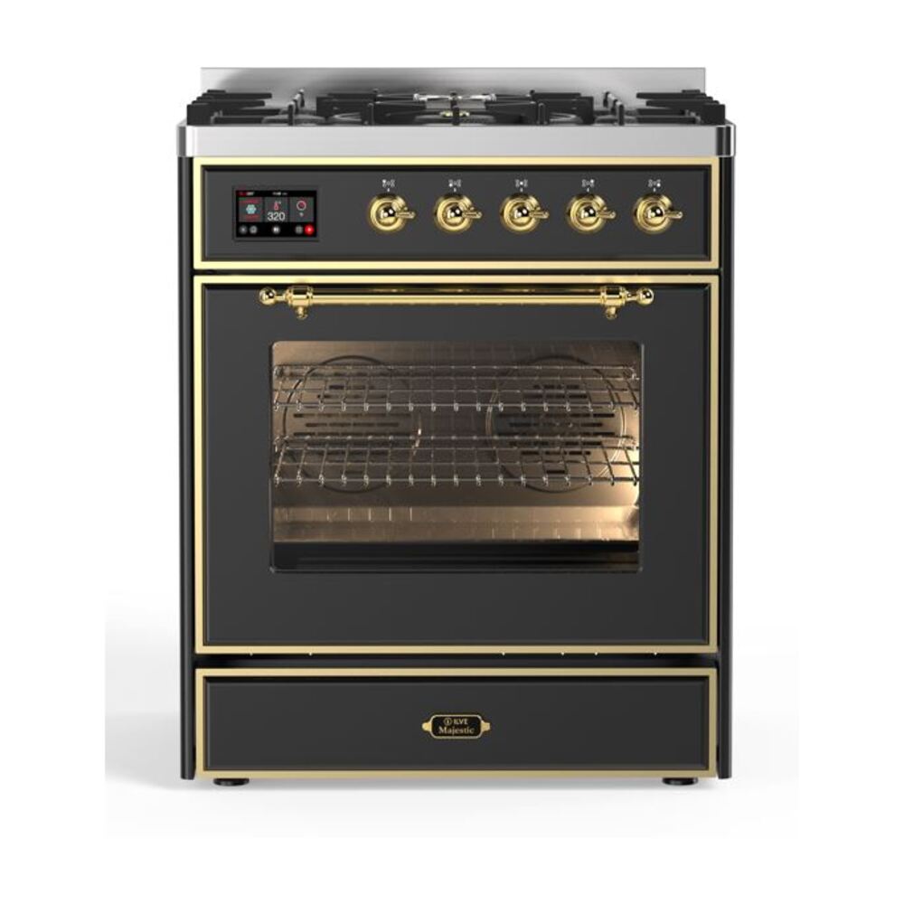 ILVE Majestic II 30" Dual Fuel Range 5 Sealed Burners, Triple Glass Door, Graphite Matte, Brass Knobs-Natural Gas
