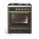 ILVE Majestic II 30" Dual Fuel Range 5 Sealed Burners, Triple Glass Door, Graphite Matte, Brass Knobs-Natural Gas
