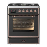 ILVE Majestic II 30” Dual Fuel Range 5 Sealed Burners, Triple Glass Door, Graphite Matte, Copper Knobs-LP
